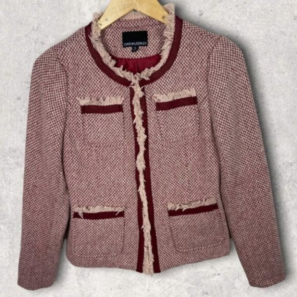 Cynthia Rowley Tweed Blazer Jacket Red Size Small Retro Fringe Bohemian Knit S